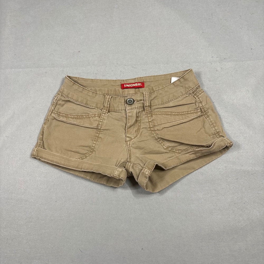 Unionbay Womens Khaki Cuffed Mini Shorts Size 1 Tan Low Rise Stretch Utility